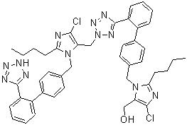 2-Butyl-1-[[2'-[2-[[2-butyl-4-chloro-1-[[2'-(2H-tetrazol-5-yl)[1,1'-biphenyl]-4-yl]methyl]-1H-imidazol-5-yl]methyl]-2H-tetrazol-5-yl][1,1'-biphenyl]-4-yl]methyl]-4-chloro-1H-imidazole-5-methanol molecular structure (CAS 230971-72-9)