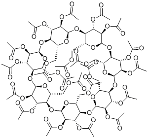 structure of CAS# 23739-88-0, Peracetylated beta-cyclodextrin;[(1R,3R,5R,6R,8R,10R,11R,13R,15R,16R,18R,20R,21R,23R,25R,26R,28R,30R,31R,33R,35R,36S,37R,38S,39R,40S,41R,42S,43R,44S,45R,46S,47R,48S,49R)-36,37,38,39,40,41,42,43,44,45,46,47,48,49-tetradecaacetyloxy-10,15,20,25,30,35-hexakis(acetyloxymethyl)-2,4,7,9,12,14,17,19,22,24,27,29,32,34-tetradecaoxaoctacyclo[31.2.2.23,6.28,11.213,16.218,21.223,26.228,31]nonatetracontan-5-yl]methyl acetate