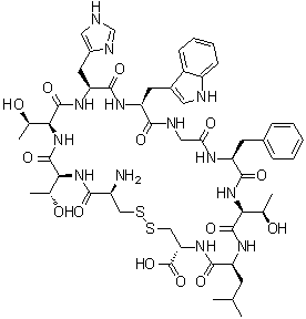structure of CAS# 244082-19-7, L-Cysteinyl-L-threonyl-L-threonyl-L-histidyl-L-tryptophylglycyl-L-phenylalanyl-L-threonyl-L-leucyl-L-cysteine cyclic (1→10)-disulfide;CTT 1