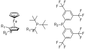 结构式 CAS# 246231-79-8, (2R)-1-[(1R)-1-[二(叔丁基)膦基]乙基]-2-[二[4-(三氟甲基)苯基]膦基]二茂铁