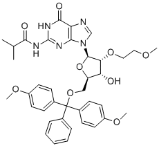 structure of CAS# 251647-50-4, N-(9-((2R,3R,4R,5R)-5-((Bis(4-methoxyphenyl)(phenyl)methoxy)methyl)-4-hydroxy-3-(2-methoxyethoxy)tetrahydrofuran-2-yl)-6-oxo-6,9-dihydro-1H-purin-2-yl)isobutyramide;5'-O-[Bis(4-methoxyphenyl)(phenyl)methyl]-N-isobutyryl-2'-O-(2-methoxyethyl)guanosine