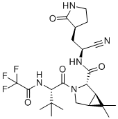 structure of CAS# 2628280-40-8, Nirmatrelvir;(1R,2S,5S)-N-[(1S)-1-cyano-2-[(3S)-2-oxopyrrolidin-3-yl]ethyl]-3-[(2S)-3,3-dimethyl-2-[(2,2,2-trifluoroacetyl)amino]butanoyl]-6,6-dimethyl-3-azabicyclo[3.1.0]hexane-2-carboxamide