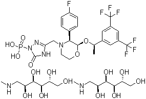1-Deoxy-1-(methylamino)-D-glucitol [3-[[(2R,3S)-2-[(1R)-1-[3,5-bis(trifluoromethyl)phenyl]ethoxy]-3-(4-fluorophenyl)-4-morpholinyl]methyl]-2,5-dihydro-5-oxo-1H-1,2,4-triazol-1-yl]phosphonate molecular structure (CAS 265121-04-8)