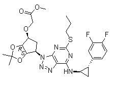 structure of CAS# 274693-25-3, 2-[[(3aR,4S,6R,6aS)-6-[7-[[(1R,2S)-2-(3,4-Difluorophenyl)cyclopropyl]amino]-5-(propylthio)-3H-1,2,3-triazolo[4,5-d]pyrimidin-3-yl]tetrahydro-2,2-dimethyl-4H-cyclopenta-1,3-dioxol-4-yl]oxy]-acetic acid methyl ester