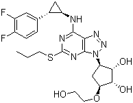 structure of CAS# 274693-27-5, Ticagrelor;AR-C 126532XX; AZD 6140; (1S,2S,3R,5S)-3-[7-[[(1R,2S)-2-(3,4-Difluorophenyl)cyclopropyl]amino]-5-(propylthio)-3H-1,2,3-triazolo[4,5-d]pyrimidin-3-yl]-5-(2-hydroxyethoxy)-1,2-cyclopentanediol