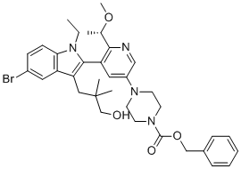 structure of CAS# 2865162-09-8, Benzyl (S)-4-(5-(5-bromo-1-ethyl-3-(3-hydroxy-2,2-dimethylpropyl)-1H-indol-2-YL)-6-(1-methoxyethyl)pyridin-3-YL)piperazine-1-carboxylate;benzyl 4-[5-[5-bromo-1-ethyl-3-(3-hydroxy-2,2-dimethylpropyl)indol-2-yl]-6-[(1S)-1-methoxyethyl]pyridin-3-yl]piperazine-1-carboxylate