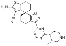 structure of CAS# 2937344-16-4, BI-2493;KRAS INHIBITOR; (7S)-2'-amino-3-[2-[(2S)-2-methylpiperazin-1-yl]pyrimidin-4-yl]spiro[5,6-dihydro-4H-1,2-benzoxazole-7,4'-6,7-dihydro-5H-1-benzothiophene]-3'-carbonitrile; (S)-2-amino-3'-(2-((S)-2-methylpiperazin-1-yl)pyrimidin-4-yl)-5',6,6',7-tetrahydro-4'H,5H-spiro[benzo[b]thiophene-4,7'-benzo[d]isoxazole]-3-carbonitrile
