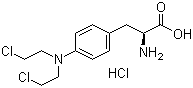 结构式 CAS# 3223-07-2, 左旋苯丙氨酸氮芥盐酸盐; 盐酸美法仑; (S)-3-[4-[双(2-氯乙基)氨基]苯基]丙氨酸盐酸盐