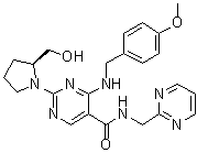 structure of CAS# 330784-50-4, (S)-2-(2-Hydroxymethyl-1-pyrrolidinyl)-4-(4-methoxybenzylamino)-5-[N-(2-pyrimidinylmethyl)carbamoyl]pyrimidine