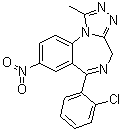 structure of CAS# 33887-02-4, 8-Nitro-6-(2-chlorophenyl)-1-methyl-4H-s-triazolo[4,3-a][1,4]benzodiazepine;6-(2-Chlorophenyl)-1-methyl-8-nitro-4H-[1,2,4]triazolo[4,3-a][1,4]benzodiazepine