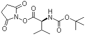 structure of CAS# 3392-12-9, tert-Butoxycarbonyl-L-valine N-hydroxysuccinimide ester;tert-Butyl (S)-[1-[[(2,5-dioxopyrrolidin-1-yl)oxy]carbonyl]-2-methylpropyl]carbamate; Boc-Val-OSu