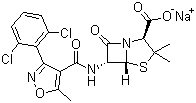 structure of CAS# 343-55-5, Sodium dicloxacillin;Stampen; Veracillin; (2S,5R,6R)-6-[[[3-(2,6-Dichlorophenyl)-5-methyl-4-isoxazolyl]carbonyl]amino]-3,3-dimethyl-7-oxo-4-thia-1-azabicyclo[3.2.0]heptane-2-carboxylic acid sodium salt