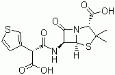 structure of CAS# 34787-01-4, Ticarcillin;(2S,5R,6R)-6-[[(2R)-2-carboxy-2-thiophen-3-yl-acetyl]amino]-3,3-dimethyl-7-oxo-4-thia-1-azabicyclo[3.2.0]heptane-2-carboxylic acid