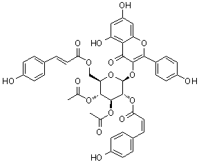 结构式 CAS# 349545-02-4, 3-[[3,4-二-O-乙酰基-6-O-[(2E)-3-(4-羟基苯基)-1-氧代-2-丙烯基]-2-O-[(2Z)-3-(4-羟基苯基)-1-氧代-2-丙烯基]-beta-D-吡喃葡萄糖基]氧基]-5,7-二羟基-2-(4-羟基苯基)-4H-1-苯并吡喃-4-酮
