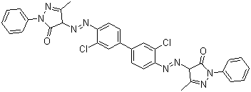 结构式 CAS# 3520-72-7, 颜料橙 13; 永固桔黄 G; 4,4'-[[3,3'-二氯(1,1'-联苯)-4,4'-二基]二(偶氮)]二[2,4-二氢-5-甲基-2-苯基-3H-吡唑-3-酮]
