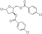 structure of CAS# 3601-90-9, 1-Chloro-3,5-di(4-chlorbenzoyl)-2-deoxy-D-ribose;(2R,3S)-5-Chloro-2-(((4-chlorobenzoyl)oxy)methyl)tetrahydrofuran-3-yl 4-chlorobenzoate