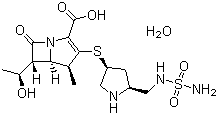 structure of CAS# 364622-82-2, Doripenem hydrate;(+)-(4R,5S,6S)-6-[(1R)-1-Hydroxyethyl]-4-methyl-7-oxo-3-[[(3S,5S)-5-[(sulfamoylamino)-methyl]-3-pyrrolidinyl]thio]-1-azabicyclo[3.2.0]hept-2-ene-2-carboxylic acid hydrate