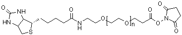 structure of CAS# 365441-71-0, alpha-[3-[(2,5-Dioxo-1-pyrrolidinyl)oxy]-3-oxopropyl]-omega-[2-[[5-[(3aS,4S,6aR)-hexahydro-2-oxo-1H-thieno[3,4-d]imidazol-4-yl]-1-oxopentyl]amino]ethoxy]-poly(oxy-1,2-ethanediyl);EZ-Link NHS-PEG12-Biotin