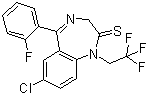 结构式 CAS# 36735-22-5, 夸西泮; 7-氯-5-(2-氟苯基)-1-(2,2,2-三氟乙基)-3H-1,4-苯并二氮杂卓-2-硫酮