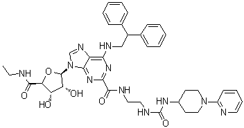 structure of CAS# 380221-63-6, 1-Deoxy-1-[6-[(2,2-diphenylethyl)amino]-2-[[[2-[[[[1-(2-pyridinyl)-4-piperidinyl]amino]carbonyl]amino]ethyl]amino]carbonyl]-9H-purin-9-yl]-N-ethyl-beta-D-ribofuranuronamide;UK 432097