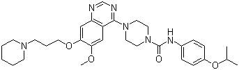 结构式 CAS# 387867-13-2, 坦度替尼; 4-[6-甲氧基-7-(3-哌啶-1-基丙氧基)喹唑啉-4-基]-N-(4-异丙基氧苯基)哌嗪-1-甲酰胺