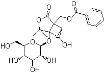 structure of CAS# 39011-90-0, Albiflorin;9-((Benzoyloxy)methyl)-1-(beta-D-glucopyranosyloxy)-4-hydroxy-6-methyl-7-oxatricyclononan-8-one