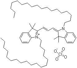 structure of CAS# 41085-99-8, 1,1'-Dioctadecyl-3,3,3',3'-tetramethylindocarbocyanine perchlorate;2-[3-(3,3-dimethyl-1-octadecylindol-1-ium-2-yl)prop-2-enylidene]-3,3-dimethyl-1-octadecylindole;perchlorate