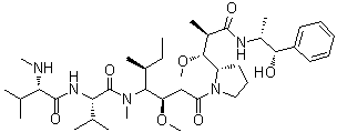 structure of CAS# 474645-27-7, Monomethylauristatin E;N-Methyl-L-valyl-N-[(1S,2R)-4-[(2S)-2-[(1R,2R)-3-[[(1R,2S)-2-hydroxy-1-methyl-2-phenylethyl]amino]-1-methoxy-2-methyl-3-oxopropyl]-1-pyrrolidinyl]-2-methoxy-1-[(1S)-1-methylpropyl]-4-oxobutyl]-N-methyl-L-valinamide