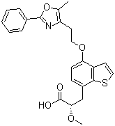 structure of CAS# 475479-34-6, Aleglitazar;(S)-2-Methoxy-3-[4-[2-(5-methyl-2-phenyloxazol-4-yl)ethoxy]benzo[b]thiophen-7-yl]propionic acid