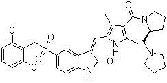 structure of CAS# 477575-56-7, PHA 665752;(2R)-1-[[5-[(Z)-[5-[[(2,6-Dichlorophenyl)methyl]sulfonyl]-1,2-dihydro-2-oxo-3H-indol-3-ylidene]methyl]-2,4-dimethyl-1H-pyrrol-3-yl]carbonyl]-2-(1-pyrrolidinylmethyl)pyrrolidine
