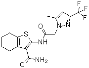 N-[3-(Aminocarbonyl)-4,5,6,7-tetrahydrobenzo[b]thien-2-yl]-5-methyl-3-(trifluoromethyl)-1H-pyrazole-1-acetamide molecular structure (CAS 489408-02-8)