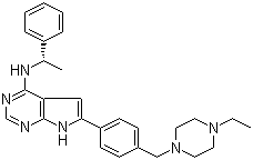 structure of CAS# 497839-62-0, 6-[4-[(4-Ethyl-1-piperazinyl)methyl]phenyl]-N-[(1R)-1-phenylethyl]-7H-pyrrolo[2,3-d]pyrimidin-4-amine;AEE 788
