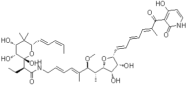 structure of CAS# 50935-71-2, Delvomycin;Kirromycin; NSC 316094; Stereoisomer of N-[7-[5-[7-(1,2-dihydro-4-hydroxy-2-oxo-3-pyridinyl)-6-methyl-7-oxo-1,3,5-heptatrienyl]tetrahydro-3,4-dihydroxy-2-furanyl]-6-methoxy-5-methyl-2,4-octadienyl]-alpha-ethyltetrahydro-2,3,4-trihydroxy-5,5-dimethyl-6-(1,3-pentadienyl)-2H-pyran-2-acetamide