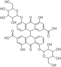 structure of CAS# 517-43-1, Sennosides;5,5'-Bis(beta-D-glucopyranosyloxy)-9,9',10,10'-tetrahydro-4,4'-dihydroxy-10,10'-dioxo[9,9'-bianthracene]-2,2'-dicarboxylic acid