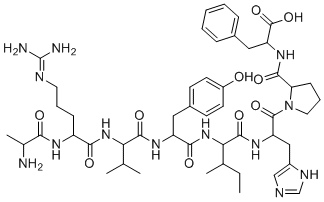 structure of CAS# 51833-76-2, Angiotensin 1/2 + A (2-8) Acetate;2-[[1-[2-[[2-[[2-[[2-[[2-(2-aminopropanoylamino)-5-(diaminomethylideneamino)pentanoyl]amino]-3-methylbutanoyl]amino]-3-(4-hydroxyphenyl)propanoyl]amino]-3-methylpentanoyl]amino]-3-(1H-imidazol-5-yl)propanoyl]pyrrolidine-2-carbonyl]amino]-3-phenylpropanoic acid