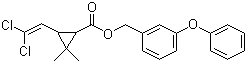 structure of CAS# 52645-53-1, Permethrin;3-(2,2-Dichloroethenyl)-2,2-dimethylcyclopropanecarboxylic acid (3-phenoxyphenyl)methyl ester; m-Phenoxybenzyl 3-(2,2-dichlorovinyl)-2,2-dimethylcyclopropanecarboxylate