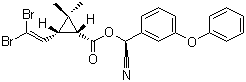 结构式 CAS# 52918-63-5, 溴氰菊酯; (S)-alpha-氰基-3-苯氧苄基-(+)-顺-3-(2,2,二溴乙烯基)-2,2-二甲基环丙烷羧酸酯