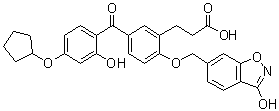 structure of CAS# 530141-72-1, 3-[5-[4-(Cyclopentyloxy)-2-hydroxybenzoyl]-2-[(3-hydroxy-1,2-benzisoxazol-6-yl)methoxy]phenyl]propionic acid;T 5224