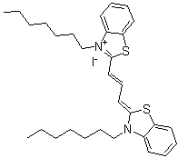 结构式 CAS# 53213-88-0, 3-庚基-2-[3-(3-庚基-2(3H)-苯并噻唑亚基)-1-丙烯基]苯并噻唑鎓碘化物