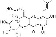 structure of CAS# 55395-07-8, Baohuoside II;Ikarisoside A; 3-[(6-Deoxy-alpha-L-mannopyranosyl)oxy]-5,7-dihydroxy-2-(4-hydroxyphenyl)-8-(3-methyl-2-buten-1-yl)-4H-1-benzopyran-4-one