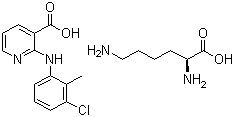 structure of CAS# 55837-30-4, Lysine clonixinate ;L-Lysine mono(2-((3-chloro-2-methylphenyl)amino)-3-pyridinecarboxylate); 2-[(3-Chloro-2-methyl-phenyl)amino]pyridine-3-carboxylic acid (2S)-2,6-diaminohexanoic acid