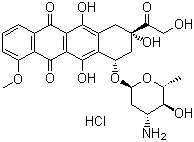 结构式 CAS# 56390-09-1, 盐酸表柔比星; 盐酸表阿霉素; (8S,10S)-10-[(3'-氨基-2',3',6'-三脱氧-alpha-L-阿拉伯吡喃糖基)-O-]-6,8,11-三羟基-8-羟乙酰基-1-甲氧基-7,8,9,10-四氢并四苯-5,12-二酮盐酸盐