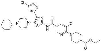 结构式 CAS# 570403-14-4, 乙基1-(3-氯-5-((4-(4-氯噻吩-2-基)-5-(4-环己基哌嗪-1-基)噻唑-2-基)氨基甲酰)吡啶-2-基)哌啶-4-羧酸酯
