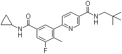 structure of CAS# 585543-15-3, 6-[5-(Cyclopropylcarbamoyl)-3-fluoro-2-methylphenyl]-N-(2,2-dimethylpropyl)pyridine-3-carboxamide