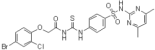 structure of CAS# 587841-73-4, 2-(4-Bromo-2-chlorophenoxy)-N-[[[4-[[(4,6-dimethyl-2-pyrimidinyl)amino]sulfonyl]phenyl]amino]thioxomethyl]acetamide;ZCL 278