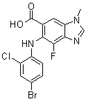 structure of CAS# 606144-04-1, 6-(4-Bromo-2-chlorophenylamino)-7-fluoro-3-methyl-benzimidazole-5-carboxylic acid;6-(4-Bromo-2-chlorophenylamino)-7-fluoro-3-methyl-3H-benzo[d]imidazole-5-carboxylic acid