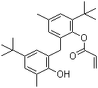 structure of CAS# 61167-58-6, 2-(2-Hydroxy-3-tert-butyl-5-methylbenzyl)-4-methyl-6-tert-butylphenyl acrylate;Irganox 3052; 2,2'-Methylenebis(4-methyl-6-tert-butylphenol) monoacrylate; 2-tert-Butyl-6-(3-tert-butyl-2-hydroxy-5-methylbenzyl)-4-methylphenyl acrylate