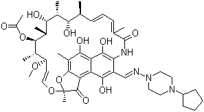 结构式 CAS# 61379-65-5, 利福喷丁; 环戊哌嗪利福霉素; 环戊去甲利福平; 环戊利福平; 3-(4-环戊基-1-哌嗪基-亚氨甲基)-利福霉素