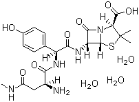 结构式 CAS# 63358-49-6, 阿朴西林; 阿帕西林; 萘啶青霉素; 阿扑西林三水酸; (2S,5R,6R)-6-[(2R)-2-[(2R)-2-氨基-3-(N-甲基氨基甲酰)-丙酰胺基]-2-(4-羟基苯基)乙酰胺基]-3,3-二甲基-7-氧代-4-硫-1-氮杂双环[3.2.0]庚烷-2-羧酸三水物