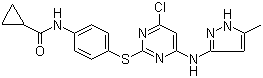 structure of CAS# 639090-55-4, N-[4-[[4-Chloro-6-[(5-methyl-1H-pyrazol-3-yl)amino]-2-pyrimidinyl]thio]phenyl]cyclopropanecarboxamide